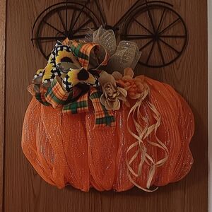 Festive Orange Pumpkin Wreath with Floral and Ribbon Details